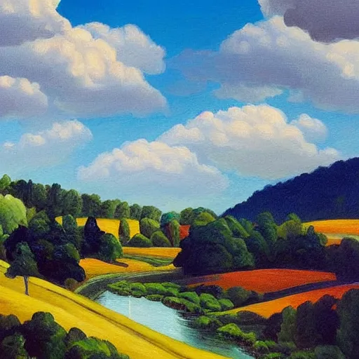 Prompt: the painting shows a beautiful landscape with rolling hills, a river winding through the scene, and a bright blue sky with fluffy white clouds. the colors are very bright and vibrant, and the overall effect is very pleasing to the eye.