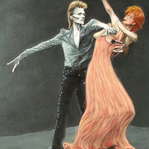 Prompt: detailed soft painting of david bowie and his wife dancing. elegant highly detailed artstation concept art matte folk horror art by arthur rackham
