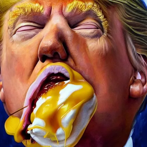 Image similar to realistic painting by jenny saville of donald trump licking a cheeseburger, art by jenny saville and tom bagshaw, detailed, sharp, smooth