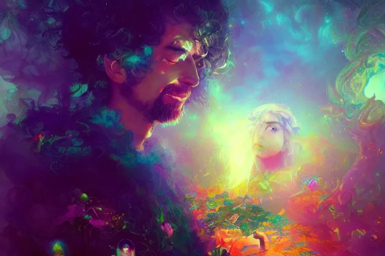 Image similar to a psychedelic realm hidden away in a pocket of ethereal knowledge | astral beings sharing love greg rutkowski wlop lisa frank bob ross | ruan jia | illustration