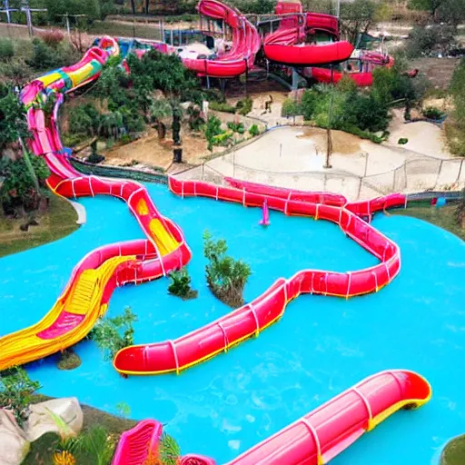 Prompt: a waterpark where the water is red jello