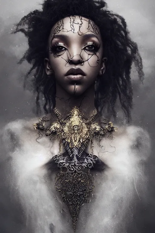 Image similar to a photorealistic portrait of tinashe as mysterious dark goddess of death, realism, clouds, swirling fabric, elaborate ornate growth, gilded relief, trending on artstation, by alessio albi