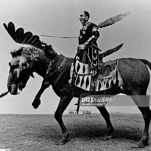 Image similar to francisco franco riding a griffin dressed as a bullfighter in the sky