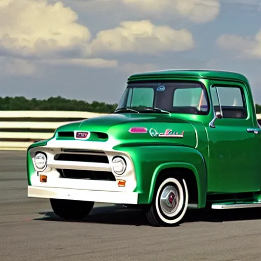 Prompt: a 1 9 5 6 ford f - 1 0 0 custom cab driving on a racetrack