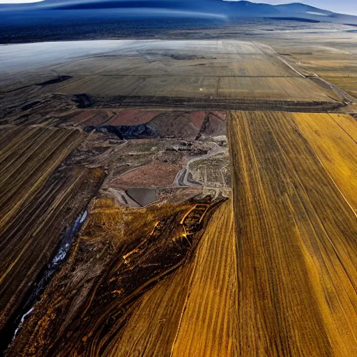 Image similar to Landscape of fields, sea, mountains, volcano, photoelectric powerstations, electric pylons, gas pipe. Style of nasa photo, crisp lighting, clear sky, 8k,