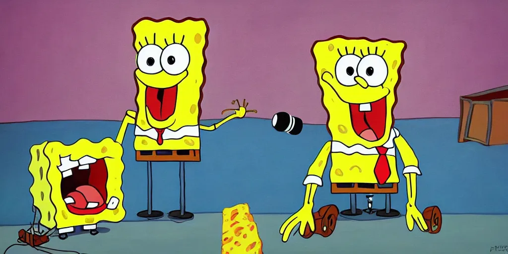 Prompt: a painting of spongebob singing on stage