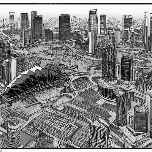 Prompt: singapore under attack, by moebius