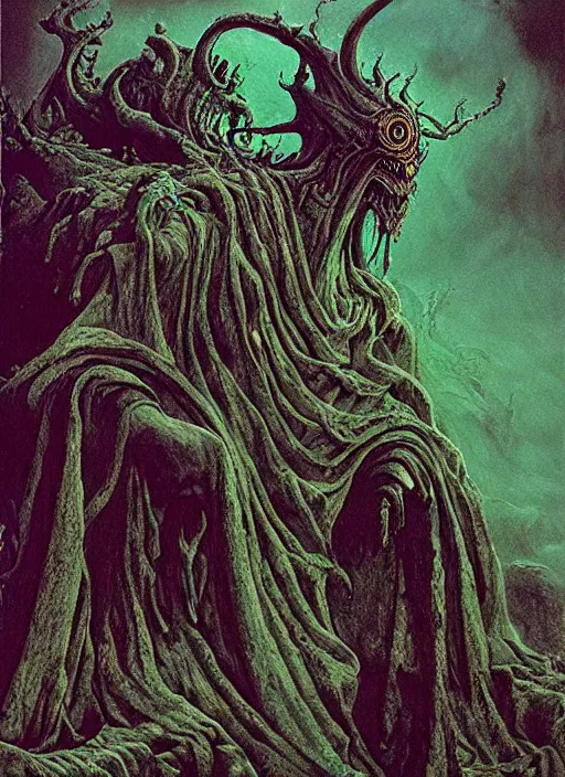 Image similar to Eldritch demon priest wearing ornate robe, chanting at the green pool. In style of Beksinski, concept art, highly detailed.