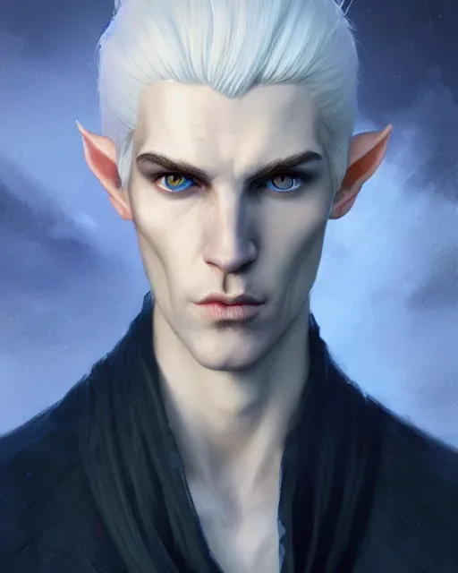 Prompt: character portrait of a slender young half elven man with white hair, piercing bright blue eyes, and pale bluish skin, by greg rutkowski, mark brookes, jim burns, tom bagshaw, trending on artstation