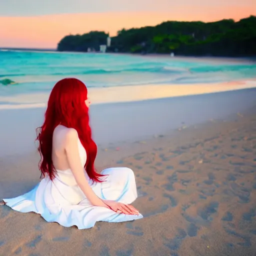 Image similar to An anime girl with long red hair in a white silky dress sitting in the sand on a beach at sunset