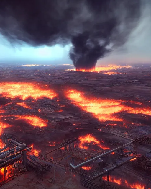 Prompt: oil fields on fire, hyper realism, cinematic, volumetric lighting, dramatic ambient lighting, epic composition, high detail, octane render, unreal engine, 8 k, professional photo, photorealistic, intricate complexity, extremely detailed,