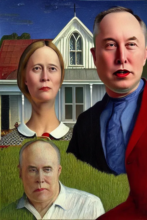 Image similar to Elon Musk with Dmitry Rogozin in style of a painting American Gothic by Grant Wood,