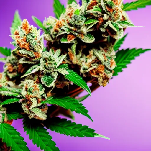 Image similar to photo of single indoor marijuana plant with dense purple frosty nugs, closeup, 4 k, cinematic