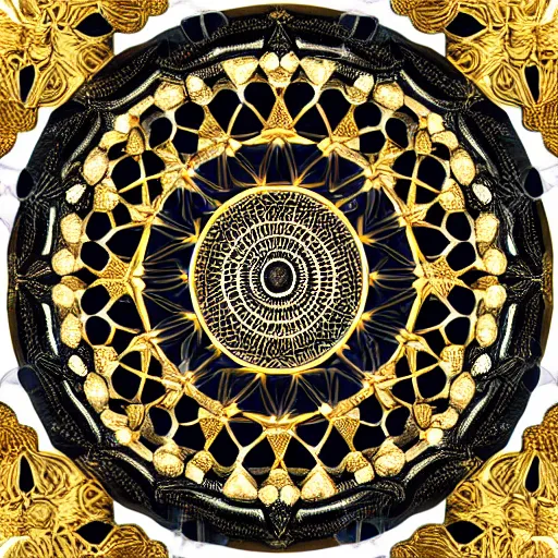 Image similar to three dimensional multilayered patterns inside a circle, intricate detail, complex, gold, silver, obsidian, white