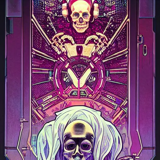 Prompt: cyberpunk skull merged with thousand cherries night sky art moebius alphonse mucha futuristic hi-tech details door in background loading screen