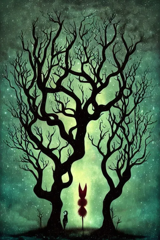 Prompt: surreal, fantasy, fairytale animals, ancient oak tree, haunted woods in silhouettes, by andy kehoe