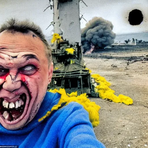 Image similar to last selfie of frightened funny damaged to bones ukrainian bleeding in dirty yellow and blue rags, nuclear rocket explosion at background