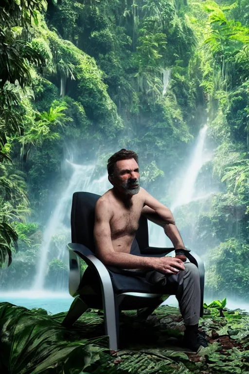 Image similar to movie closeup young man with a grey beard in a cyberpunk suit sitting on a futuristic chair at the edge of a jungle waterfall by emmanuel lubezki