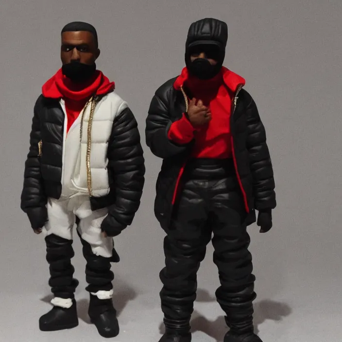 Prompt: kanye west, a goodsmile figure of kanye west using a full face covering black mask, a small, tight, undersized reflective bright red round puffer jacket made of nylon, dark jeans pants and big black balenciaga rubber boots, figurine, detailed product photo