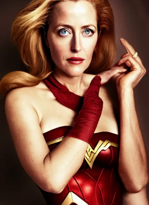 Image similar to full length photo of a gorgeous Gillian Anderson dressed as wonder woman by Mario Testino, detailed, head shot, award winning, Sony a7R