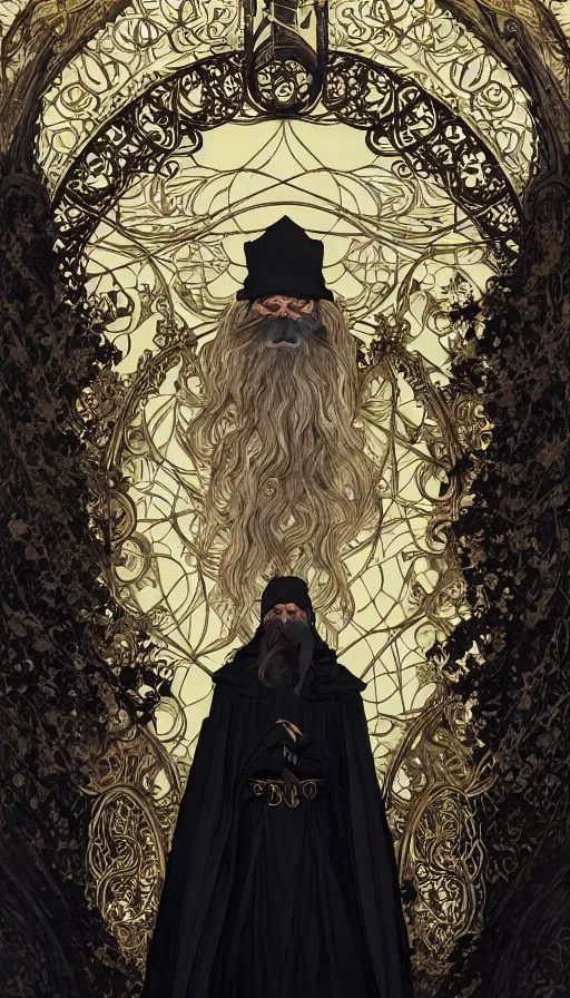 Image similar to one old man with white beard wore a black cloak, a black cloak and a white beard, highly detailed, very intricate, art nouveau, gold filigree, left right symmetry, tarot concept art watercolor illustration by mandy jurgens and alphonse mucha and alena aenami, featured on artstation