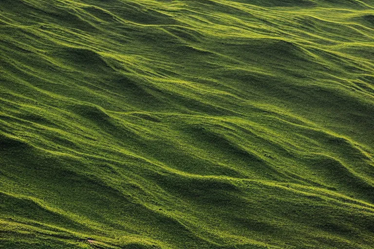 Prompt: green grassy hills up close, close up by filip hodas by moebius