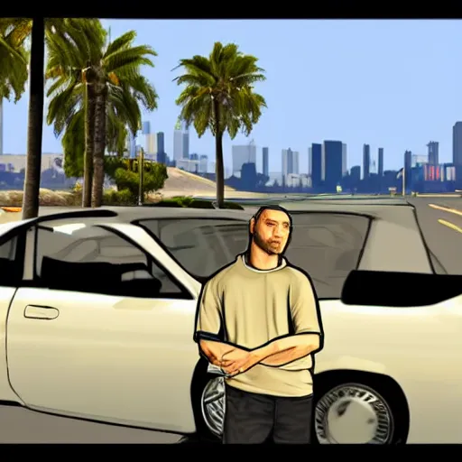 Image similar to Michael Ehrmantraut in GTA V . Los Santos in the background, palm trees. In the art style of Stephen Bliss.