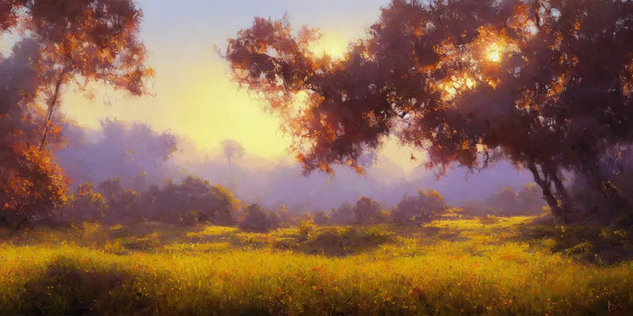 Image similar to a beautiful, stunning oil painting of a landscape in spring during sunrise by craig mullins