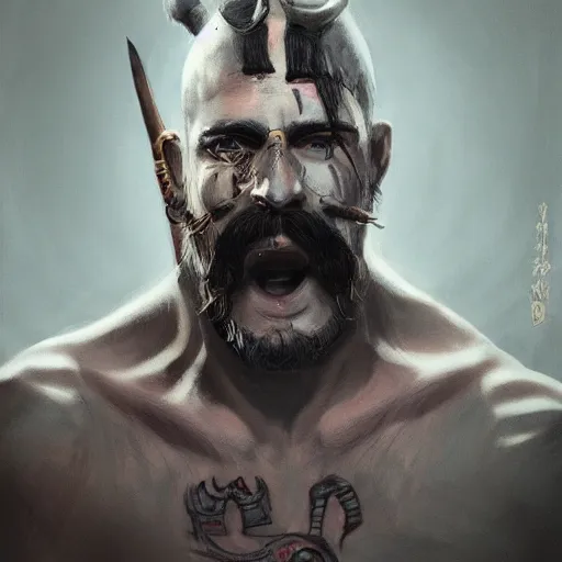 Image similar to portrait barbarian with face tattoo and trucker mustache, 8 k, trending on art station, by tooth wu and greg rutkowski