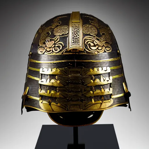 Image similar to japanese samurai helmet, intricate detail, full shot, museum lighting, ultra detailed,