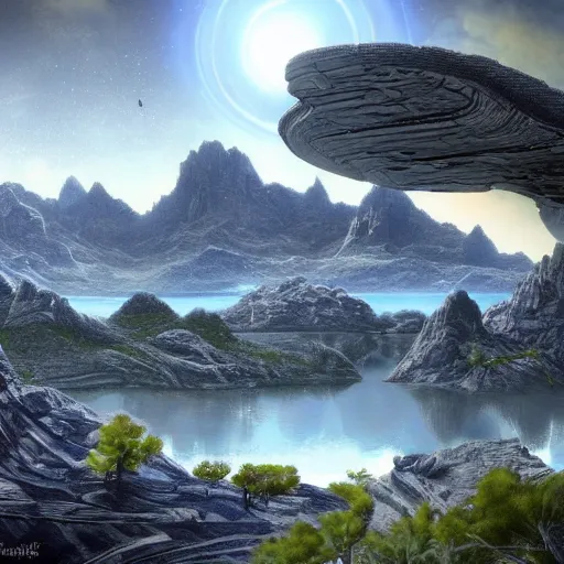 Image similar to an amazing scenic view from an alien world, photo.