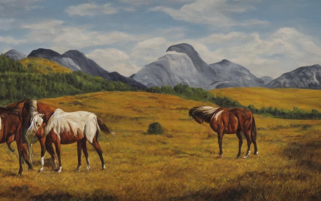 Image similar to a painting of a crazy horse during a heatwave in norway countryside, oil on canvas, by constantin hansen