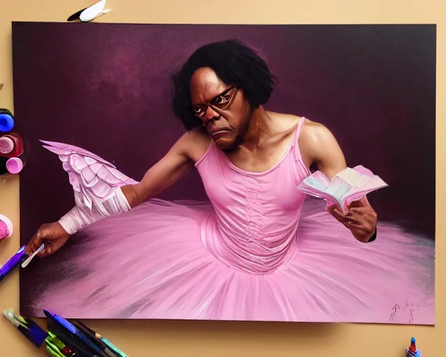 Image similar to photography of samuel l jackson in a pink ballerina outfit, deep focus, d & d and mtg, fantasy, intricate, elegant, highly detailed, digital painting, artstation, concept art, matte, sharp focus, illustration, hearthstone, art by artgerm and greg rutkowski and alphonse mucha