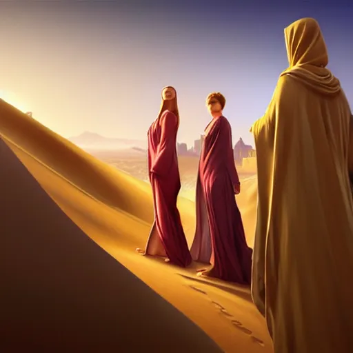 Image similar to three robed women on a sand dune, realistic, female, city in background, D&D, fantasy, intricate, elegant, highly detailed, digital painting, artstation, octane render, concept art, matte, sharp focus, illustration, hearthstone, shallow depth of field, dramatic lighting, art by Artgerm and Greg Rutkowski and Alphonse Mucha