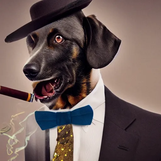 Image similar to a high detail closeup photograph of a dog wearing a suit 👔,and smoking a cigarrette🚬, award wining photograph, digital art