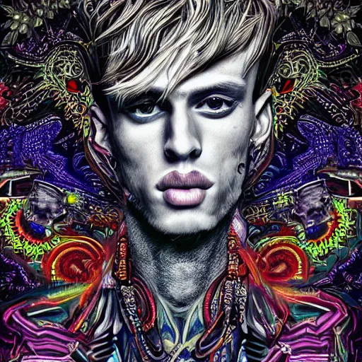 Image similar to an extremely psychedelic portrait of mgk, surreal, lsd, face, detailed, intricate, elegant, lithe, highly detailed, digital oth, sharp focus, illustration,