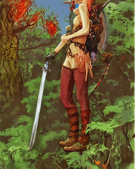 Image similar to moonshine cybin, epic level dnd wood elf spore druidess, wielding a magical sword, wearing magical overalls. covered in various fungi. full character concept art, realistic, high detail digital gouache painting by angus mcbride and michael whelan and jeffrey jones.