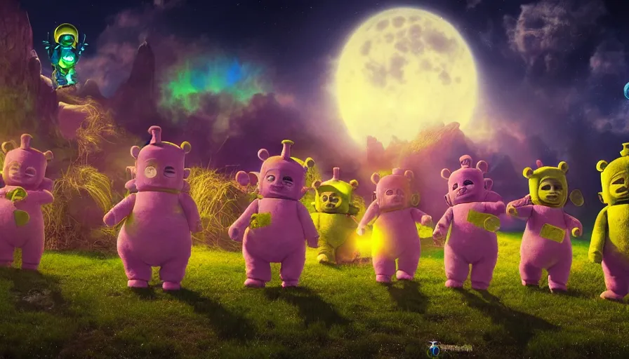 Prompt: steampunk teletubbies dancing in the moonlight, ultra realistic, concept art, intricate details, photorealistic, octane render, 8k, unreal engine, art by Alex Broeckel, Majentta, Khorghill, Adam Burn