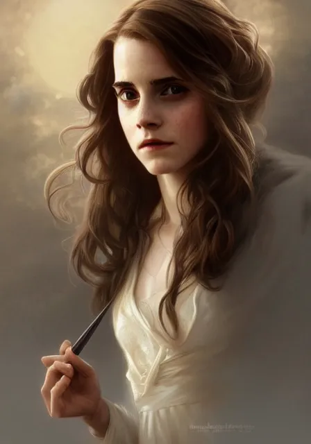 Prompt: emma watson hermione, intricate, elegant, highly detailed, digital painting, artstation, concept art, smooth, sharp focus, illustration, art by artgerm and greg rutkowski and alphonse mucha and william - adolphe bouguereau