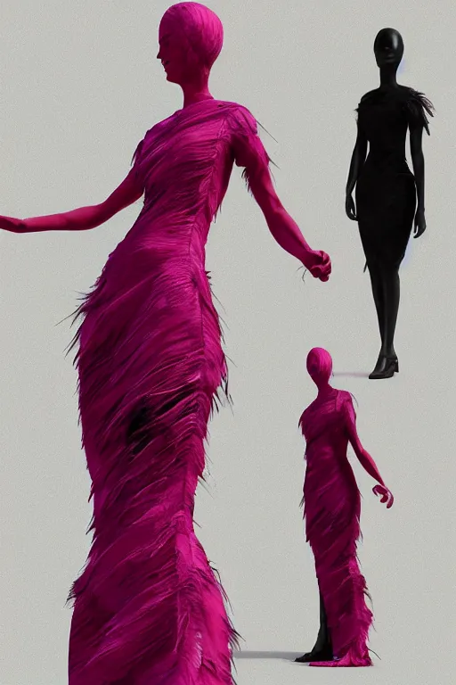 Prompt: a woman in a pink dress and pink shoes, a haute couture marble sculpture by alexander mcqueen, cg society contest winner, vorticism, daz 3 d, made of feathers, feminine