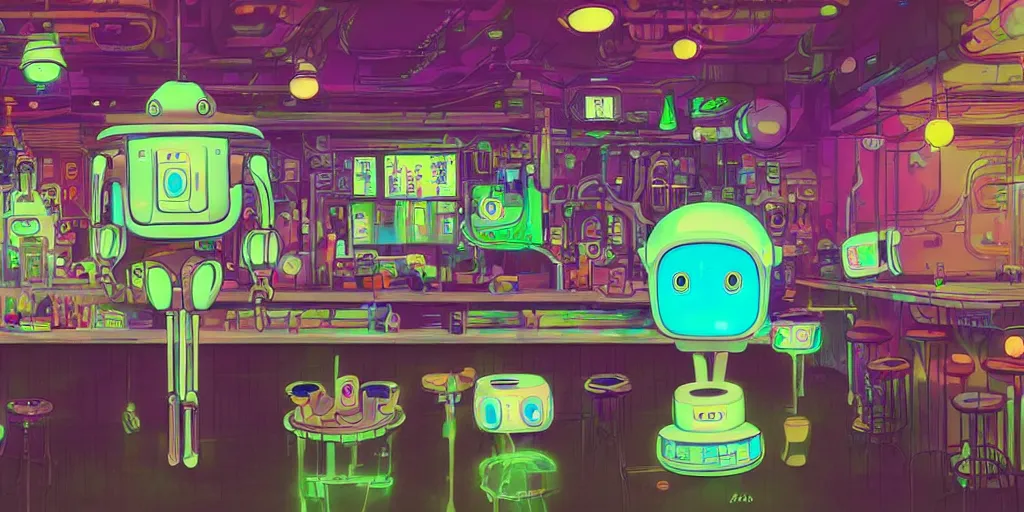 Image similar to a cute robot in a cyberpunk bar by chiho aoshima