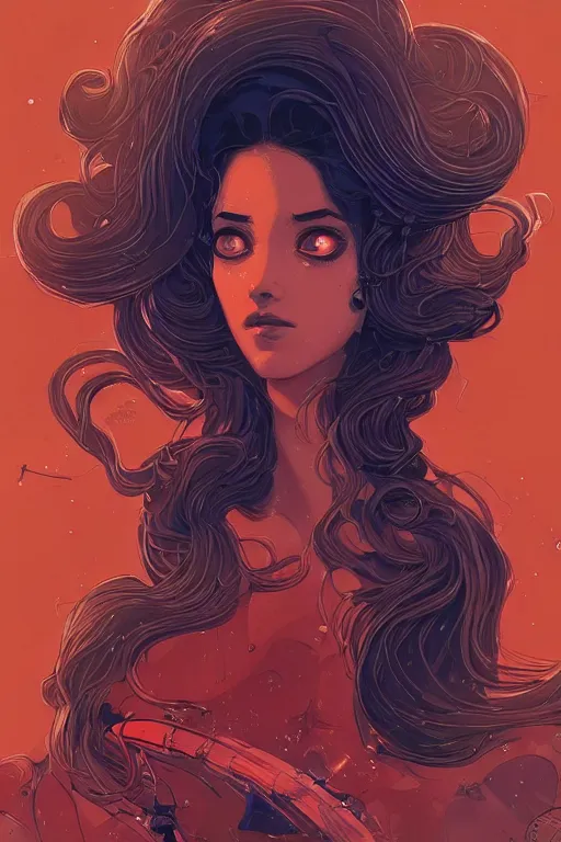 Image similar to a fancy portrait of sci - fi long curly blue haired lady, stray wiring by atey ghailan, james gilleard, by joe fenton, by greg rutkowski, by greg tocchini, by kaethe butcher, 4 k resolution, gradient red, orange, black and white color scheme!!! ( ( nebula dystopian city spiral background ) )