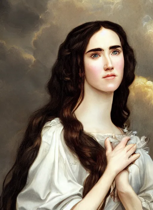 Image similar to portrait of Jennifer Connelly with long hair in baroque art, anime inspired, High Res 8K, hyperdetailed