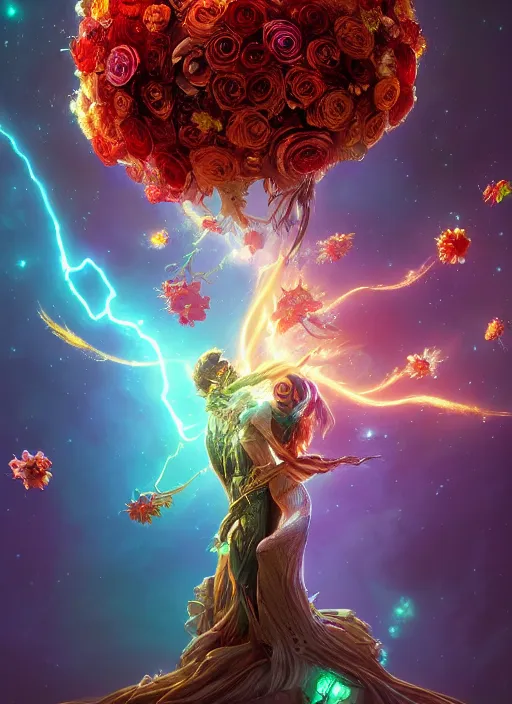 Image similar to An epic fantastic realism comic book style painting of the most beautiful entwined flowers launched across the galaxy, floating bouquets, fisheye, lightning creating life, unreal 5, DAZ, hyperrealistic, octane render, dynamic lighting