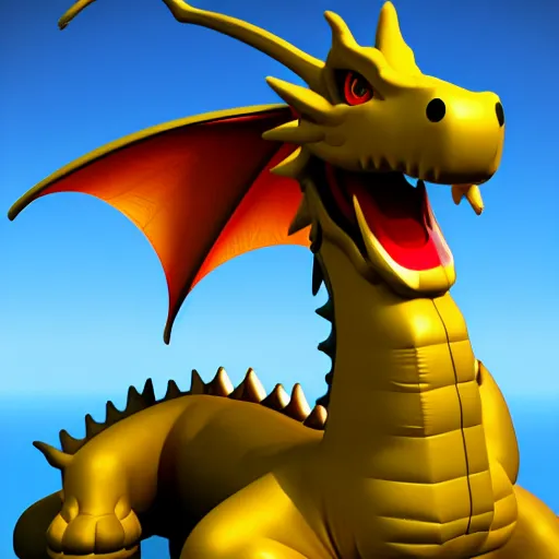 Image similar to an inflatable dragon is standing in the air, a character portrait by toyen, polycount, plasticien, rendered in maya, daz 3 d, 3 d