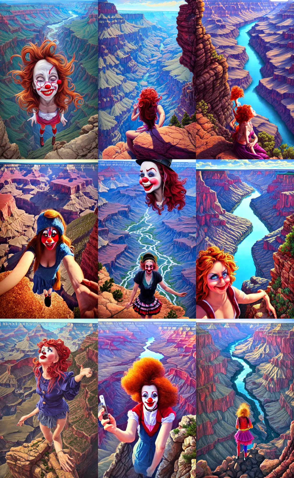 Prompt: high angle selfie of cute hobo clown woman at the rim of the grand, view looking down in into grand canyon in background, magic realism, fantasy, whimsical, art by randy vargas, art by artgerm, art by alex garner, art by anato finnstark intricately detailed, highly detailed, trending on artstation