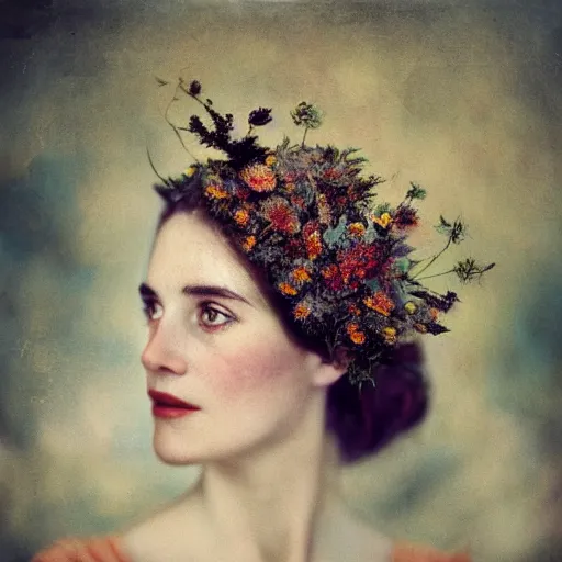 Prompt: fine art photo of catherine diana ; princess of wales, she has a crown of dried flowers, by oleg oprisco