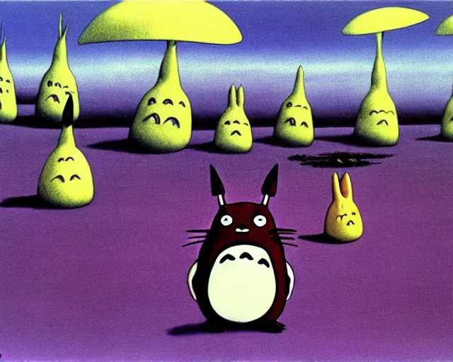 Image similar to ! dream totoro. yves tanguy art. a still from my neighbor totoro, re imagined in the style of yves tanguy. surrealism, dadaism, ghibli