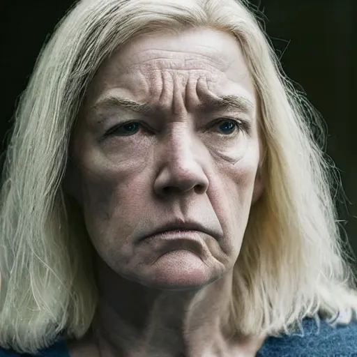 Image similar to Ruth Langmore is sad and angry, portrait photograph, Ozark movie still