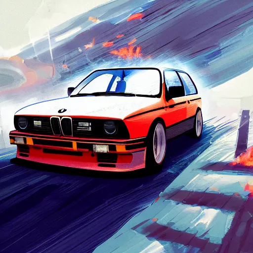 Prompt: digital illustration of bmw e 3 0 on fire, by makoto shinkai, ilya kuvshinov, lois van baarle, rossdraws, basquiat